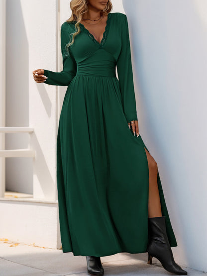 Women Deep V Neck Long Sleeve Slit 2025 Fall Elegant Formal Wedding Guest Cocktail Evening Date Prom Maxi Long Dress - Seldom Seen Styles