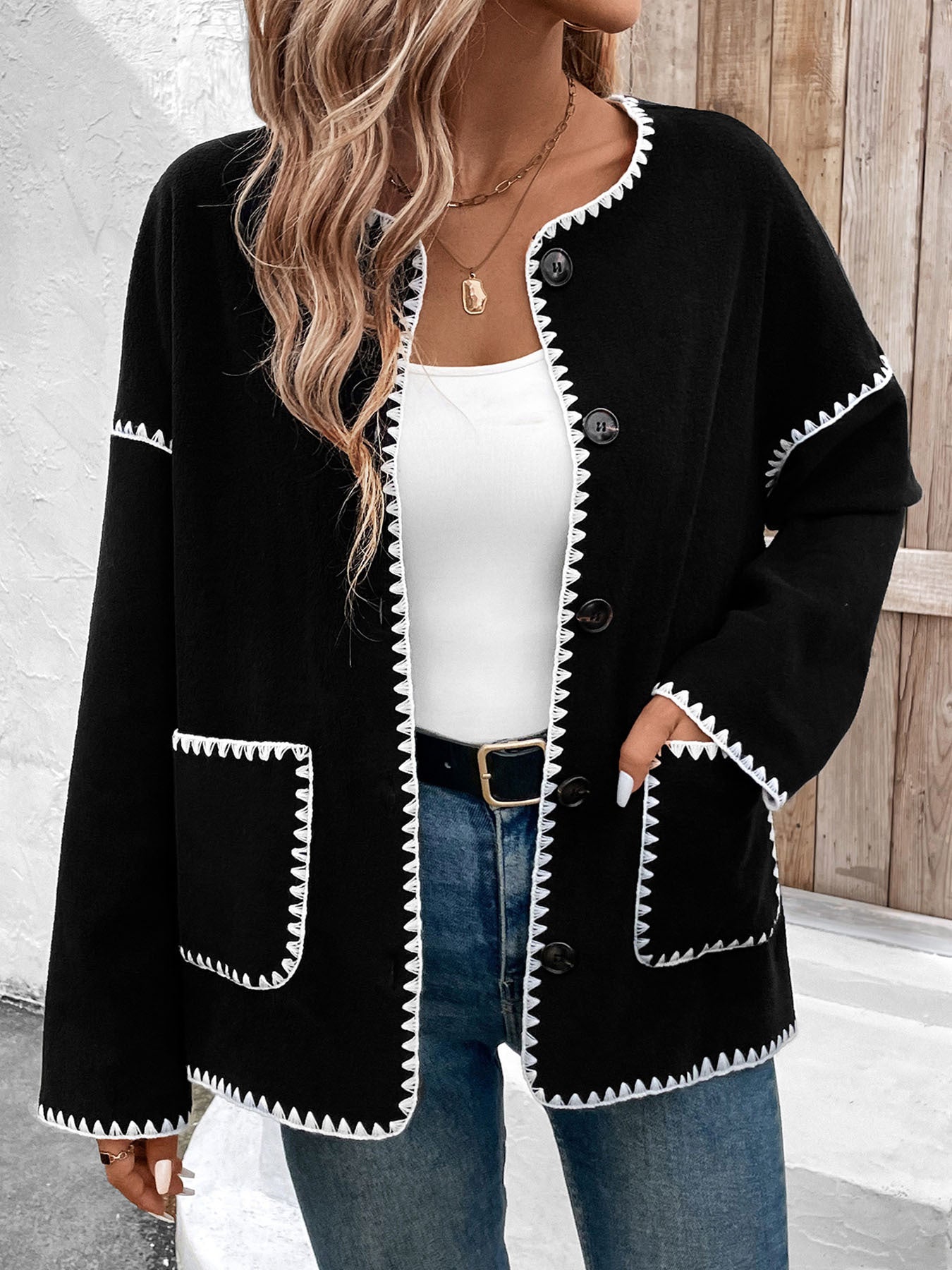 Women Fleece Button Down Open Front Cardigan Jacket Color Block Trim Crew Neck Long Sleeve Casual Jackets with Pockets - Seldom Seen Styles