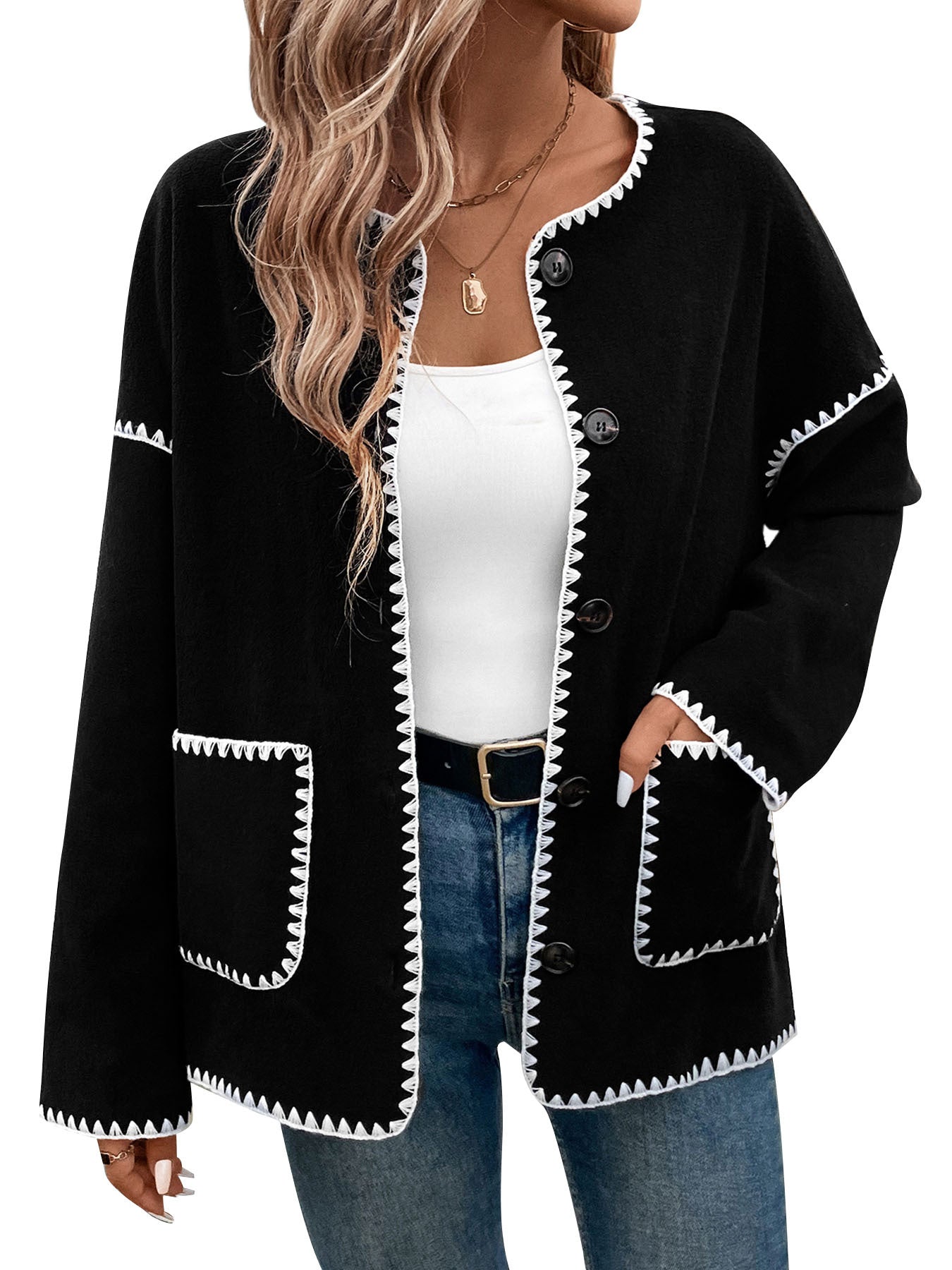Women Fleece Button Down Open Front Cardigan Jacket Color Block Trim Crew Neck Long Sleeve Casual Jackets with Pockets - Seldom Seen Styles
