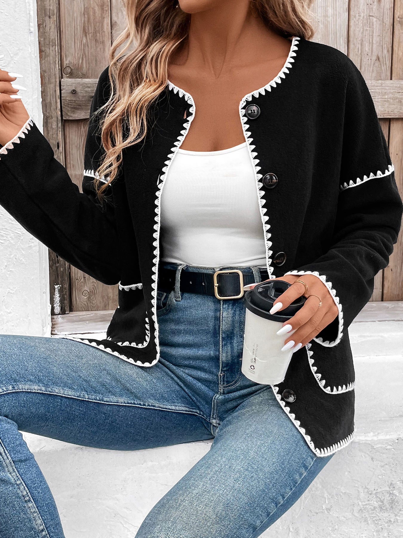 Women Fleece Button Down Open Front Cardigan Jacket Color Block Trim Crew Neck Long Sleeve Casual Jackets with Pockets - Seldom Seen Styles