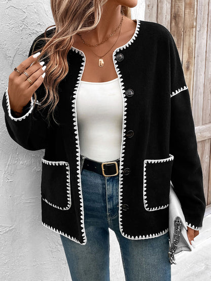 Women Fleece Button Down Open Front Cardigan Jacket Color Block Trim Crew Neck Long Sleeve Casual Jackets with Pockets - Seldom Seen Styles