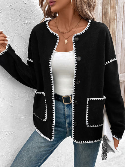 Women Fleece Button Down Open Front Cardigan Jacket Color Block Trim Crew Neck Long Sleeve Casual Jackets with Pockets - Seldom Seen Styles