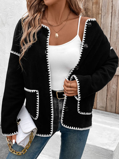 Women Fleece Button Down Open Front Cardigan Jacket Color Block Trim Crew Neck Long Sleeve Casual Jackets with Pockets - Seldom Seen Styles