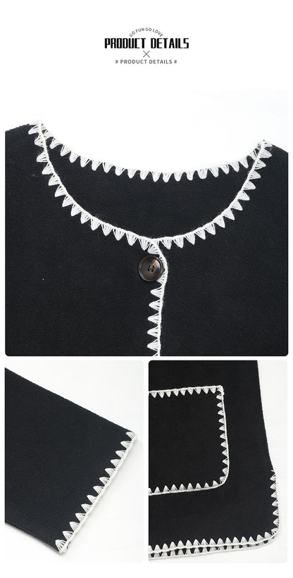 Women Fleece Button Down Open Front Cardigan Jacket Color Block Trim Crew Neck Long Sleeve Casual Jackets with Pockets - Seldom Seen Styles