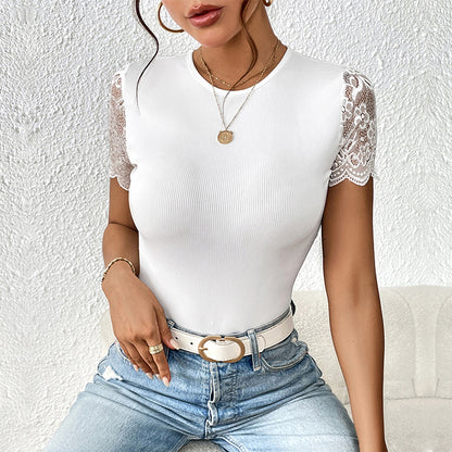 Women Floral Lace Backless Bodysuit Short Sleeve Crew Neck Lace Up Slim Ribbed Tops - Seldom Seen Styles
