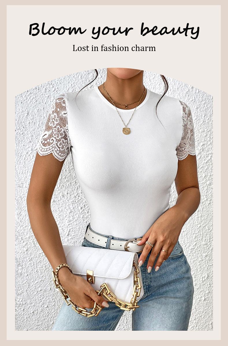 Women Floral Lace Backless Bodysuit Short Sleeve Crew Neck Lace Up Slim Ribbed Tops - Seldom Seen Styles