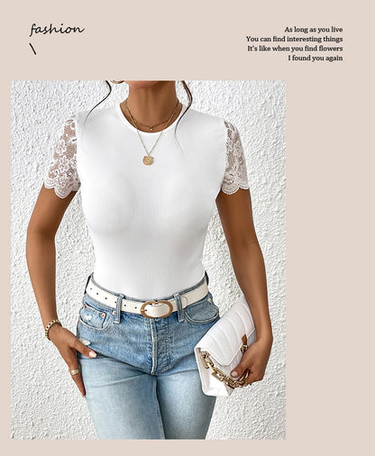 Women Floral Lace Backless Bodysuit Short Sleeve Crew Neck Lace Up Slim Ribbed Tops - Seldom Seen Styles