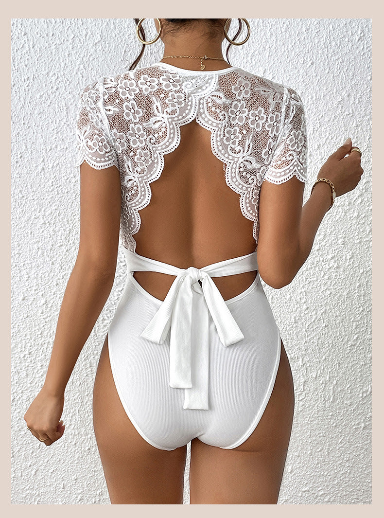 Women Floral Lace Backless Bodysuit Short Sleeve Crew Neck Lace Up Slim Ribbed Tops - Seldom Seen Styles