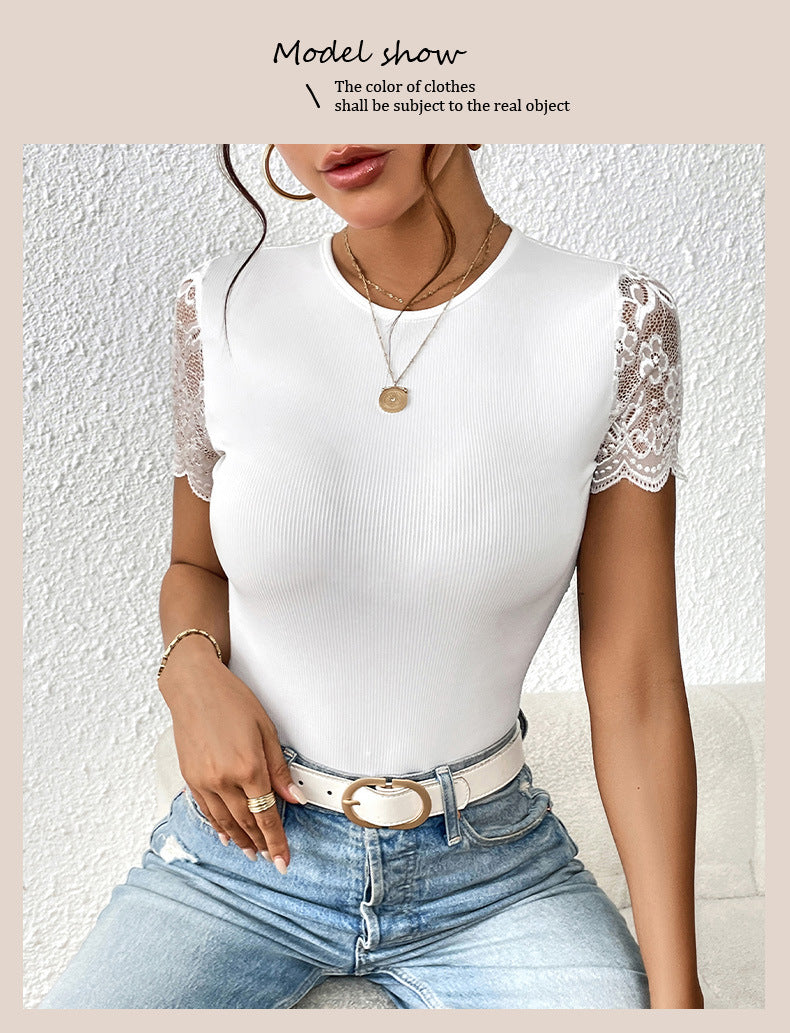 Women Floral Lace Backless Bodysuit Short Sleeve Crew Neck Lace Up Slim Ribbed Tops - Seldom Seen Styles