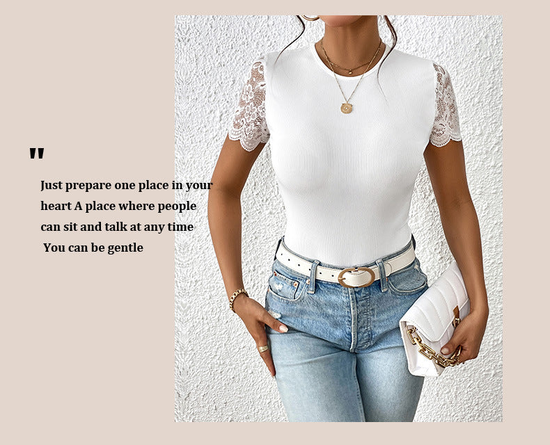 Women Floral Lace Backless Bodysuit Short Sleeve Crew Neck Lace Up Slim Ribbed Tops - Seldom Seen Styles