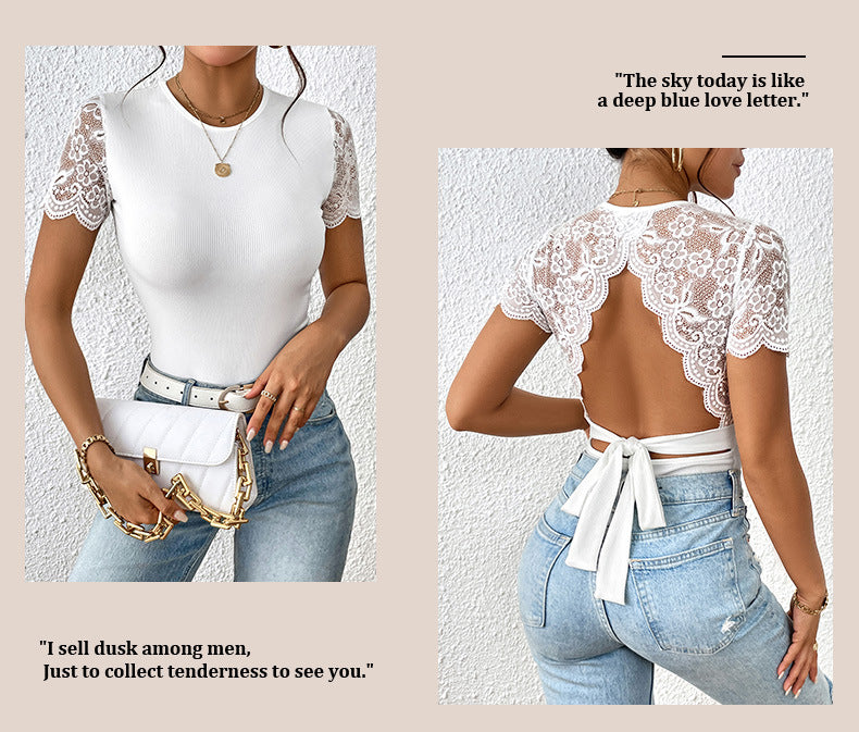 Women Floral Lace Backless Bodysuit Short Sleeve Crew Neck Lace Up Slim Ribbed Tops - Seldom Seen Styles