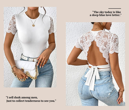 Women Floral Lace Backless Bodysuit Short Sleeve Crew Neck Lace Up Slim Ribbed Tops - Seldom Seen Styles