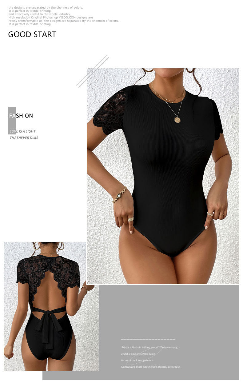 Women Floral Lace Backless Bodysuit Short Sleeve Crew Neck Lace Up Slim Ribbed Tops - Seldom Seen Styles