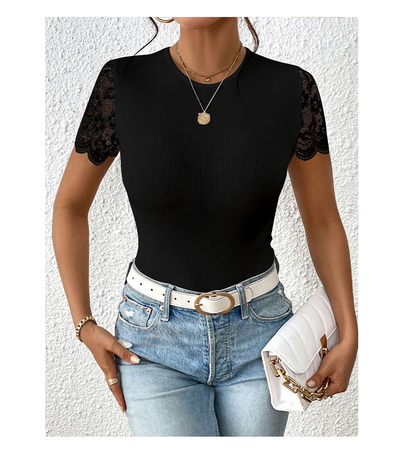 Women Floral Lace Backless Bodysuit Short Sleeve Crew Neck Lace Up Slim Ribbed Tops - Seldom Seen Styles