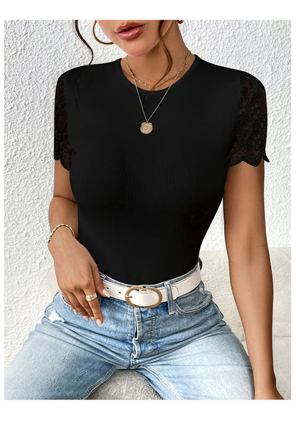 Women Floral Lace Backless Bodysuit Short Sleeve Crew Neck Lace Up Slim Ribbed Tops - Seldom Seen Styles
