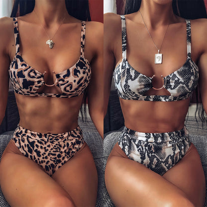 Women High Waisted Bikini Ring Sexy Snakeskin Print Black Swimwear Brazilian 2 Piece Swimsuits - Seldom Seen Styles