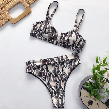 Women High Waisted Bikini Ring Sexy Snakeskin Print Black Swimwear Brazilian 2 Piece Swimsuits - Seldom Seen Styles