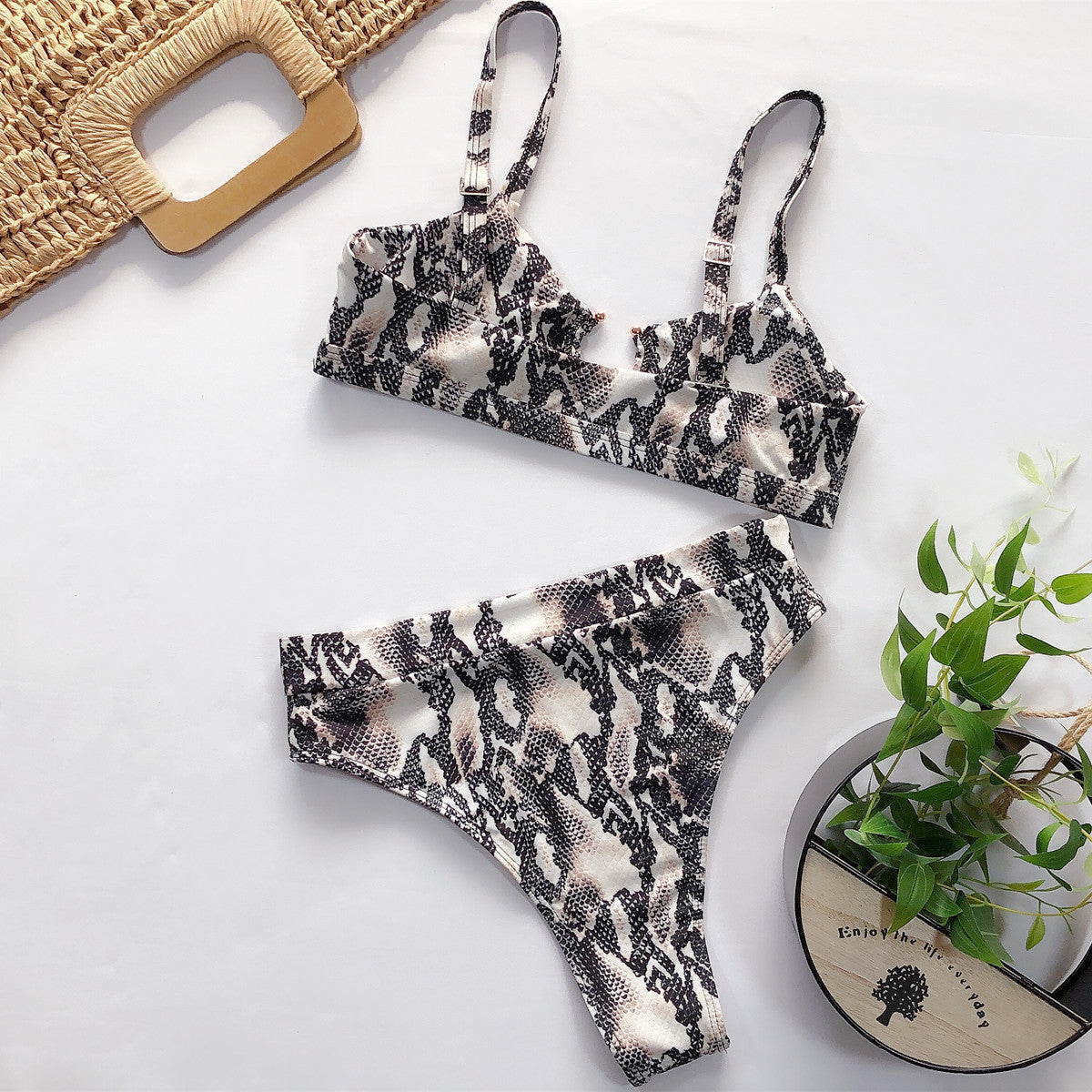 Women High Waisted Bikini Ring Sexy Snakeskin Print Black Swimwear Brazilian 2 Piece Swimsuits - Seldom Seen Styles