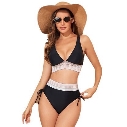 Women High Waisted Bikini Sets Tummy Control Swimsuits Color Block Two Piece Drawstring Bathing Suit - Seldom Seen Styles
