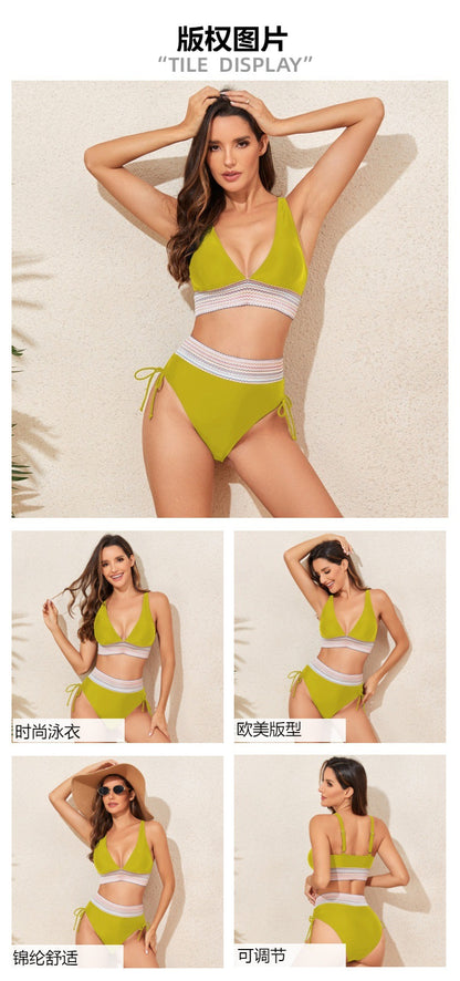 Women High Waisted Bikini Sets Tummy Control Swimsuits Color Block Two Piece Drawstring Bathing Suit - Seldom Seen Styles