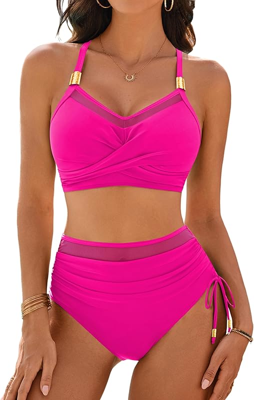 Women High Waisted Bikini Sets Tummy Control Swimsuits Modest Mesh Metal Crisscross Back Bathing Suit - Seldom Seen Styles