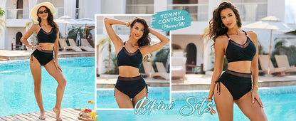 Women High Waisted Bikini Sets Tummy Control Swimsuits Modest Mesh Metal Crisscross Back Bathing Suit - Seldom Seen Styles