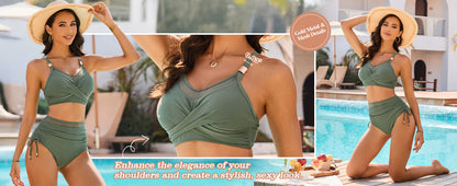 Women High Waisted Bikini Sets Tummy Control Swimsuits Modest Mesh Metal Crisscross Back Bathing Suit - Seldom Seen Styles