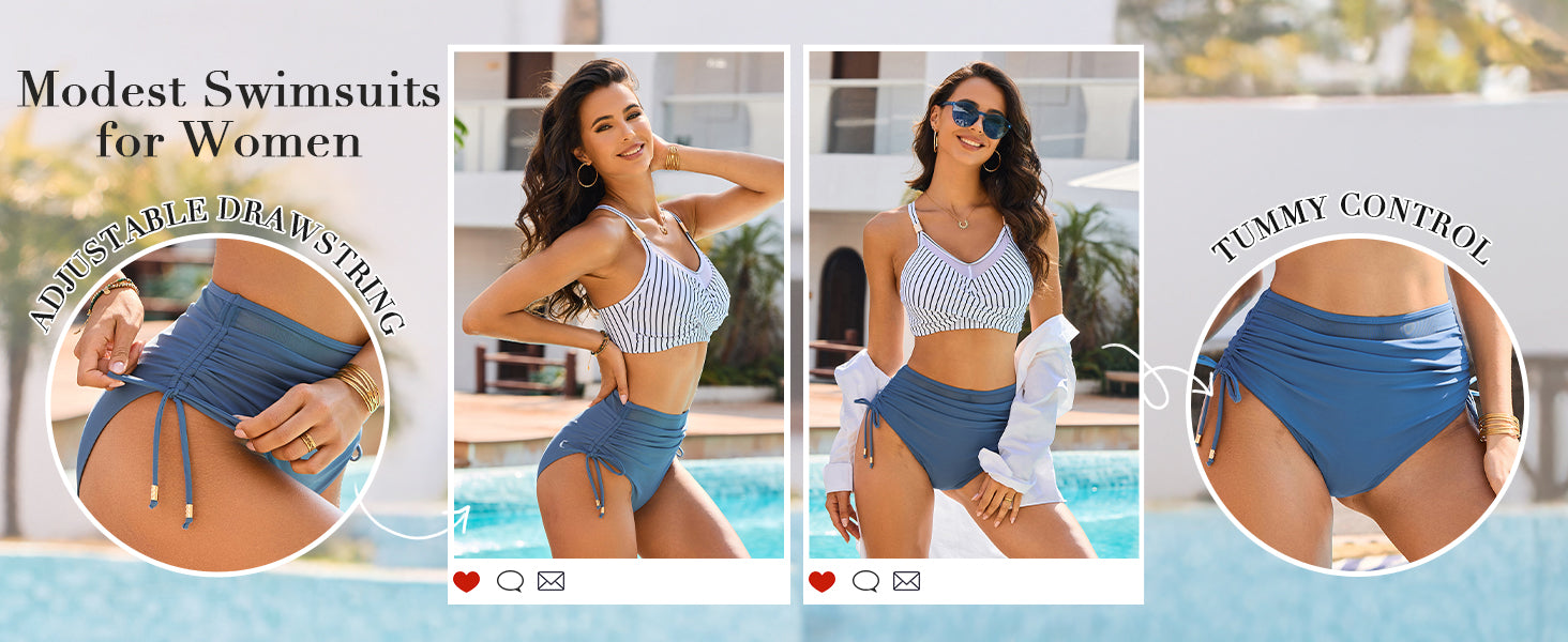 Women High Waisted Bikini Sets Tummy Control Swimsuits Modest Mesh Metal Crisscross Back Bathing Suit - Seldom Seen Styles