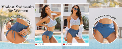 Women High Waisted Bikini Sets Tummy Control Swimsuits Modest Mesh Metal Crisscross Back Bathing Suit - Seldom Seen Styles