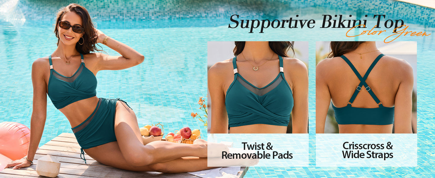 Women High Waisted Bikini Sets Tummy Control Swimsuits Modest Mesh Metal Crisscross Back Bathing Suit - Seldom Seen Styles