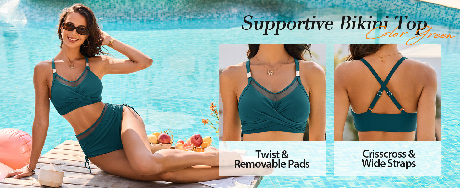 Women High Waisted Bikini Sets Tummy Control Swimsuits Modest Mesh Metal Crisscross Back Bathing Suit - Seldom Seen Styles