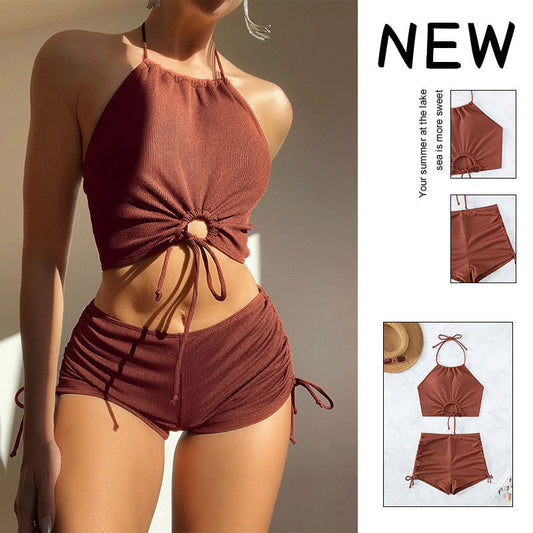 Women High Waisted Shorts Bikini Sets Tummy Control Swimsuit Two Piece Halter Drawstring Bathing Suit - Seldom Seen Styles