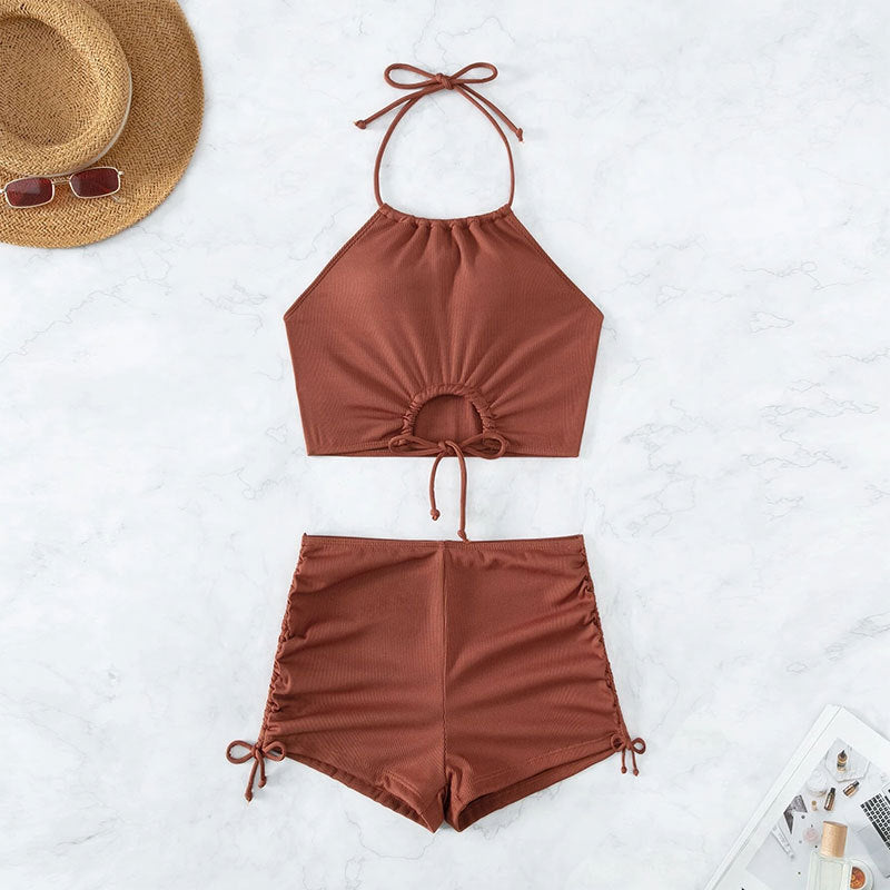 Women High Waisted Shorts Bikini Sets Tummy Control Swimsuit Two Piece Halter Drawstring Bathing Suit - Seldom Seen Styles