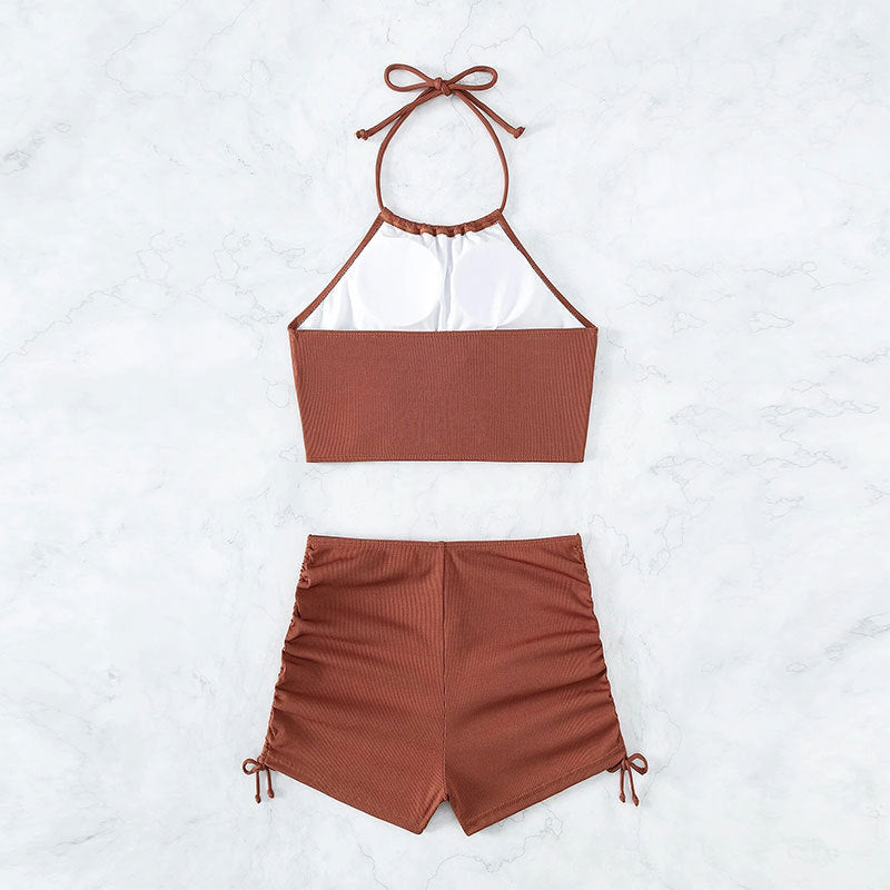 Women High Waisted Shorts Bikini Sets Tummy Control Swimsuit Two Piece Halter Drawstring Bathing Suit - Seldom Seen Styles