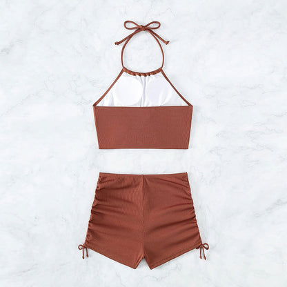 Women High Waisted Shorts Bikini Sets Tummy Control Swimsuit Two Piece Halter Drawstring Bathing Suit - Seldom Seen Styles
