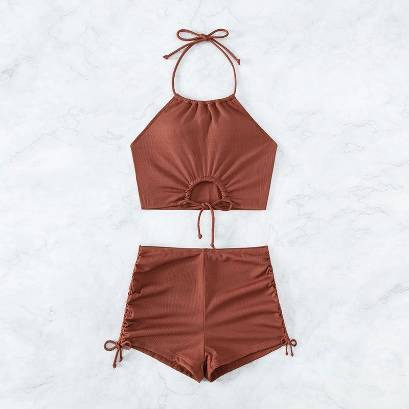 Women High Waisted Shorts Bikini Sets Tummy Control Swimsuit Two Piece Halter Drawstring Bathing Suit - Seldom Seen Styles