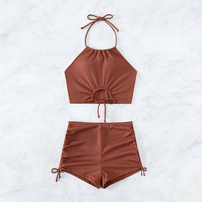 Women High Waisted Shorts Bikini Sets Tummy Control Swimsuit Two Piece Halter Drawstring Bathing Suit - Seldom Seen Styles
