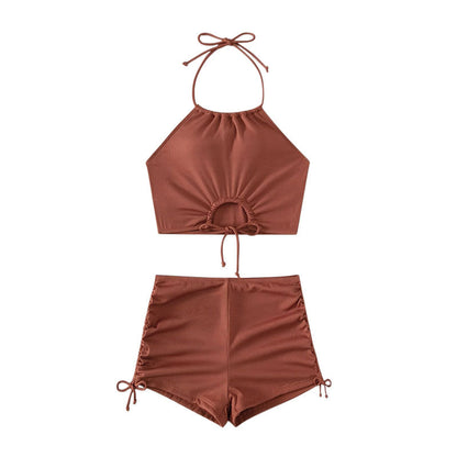 Women High Waisted Shorts Bikini Sets Tummy Control Swimsuit Two Piece Halter Drawstring Bathing Suit - Seldom Seen Styles