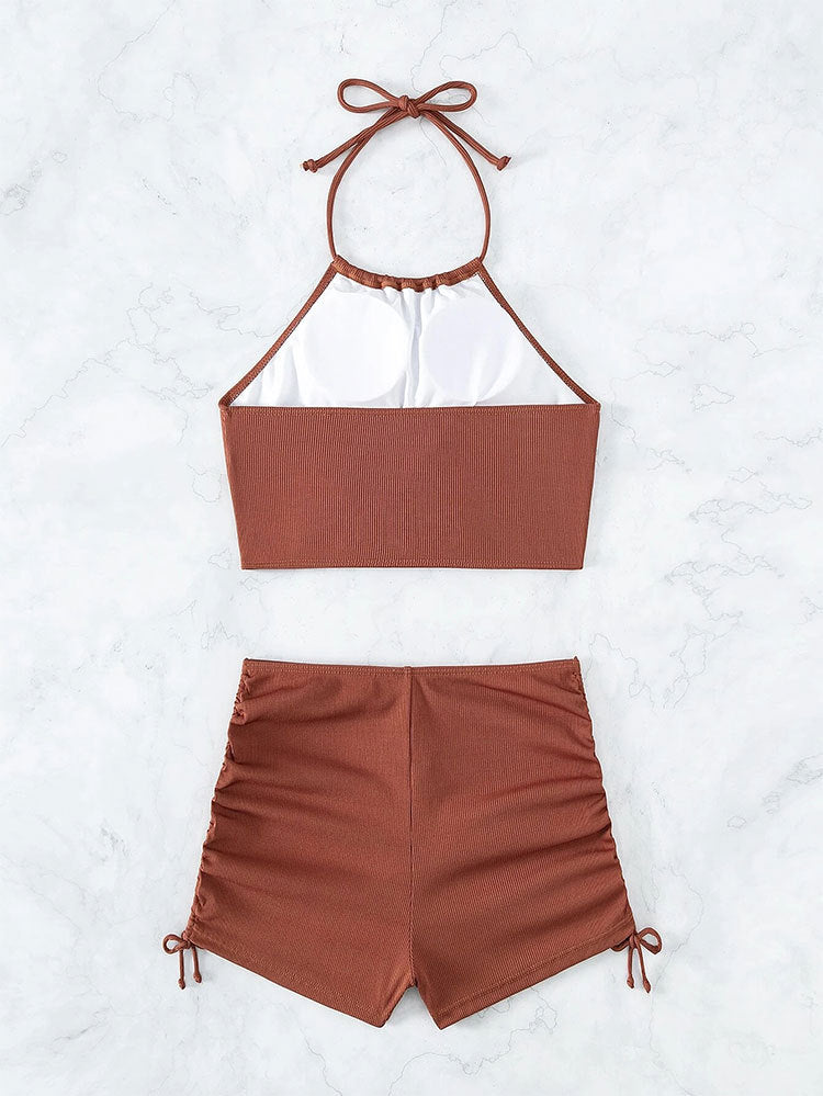 Women High Waisted Shorts Bikini Sets Tummy Control Swimsuit Two Piece Halter Drawstring Bathing Suit - Seldom Seen Styles