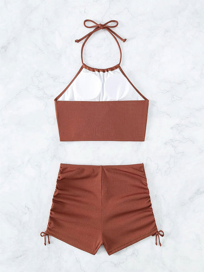 Women High Waisted Shorts Bikini Sets Tummy Control Swimsuit Two Piece Halter Drawstring Bathing Suit - Seldom Seen Styles