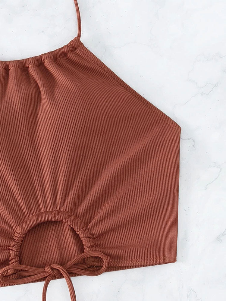 Women High Waisted Shorts Bikini Sets Tummy Control Swimsuit Two Piece Halter Drawstring Bathing Suit - Seldom Seen Styles