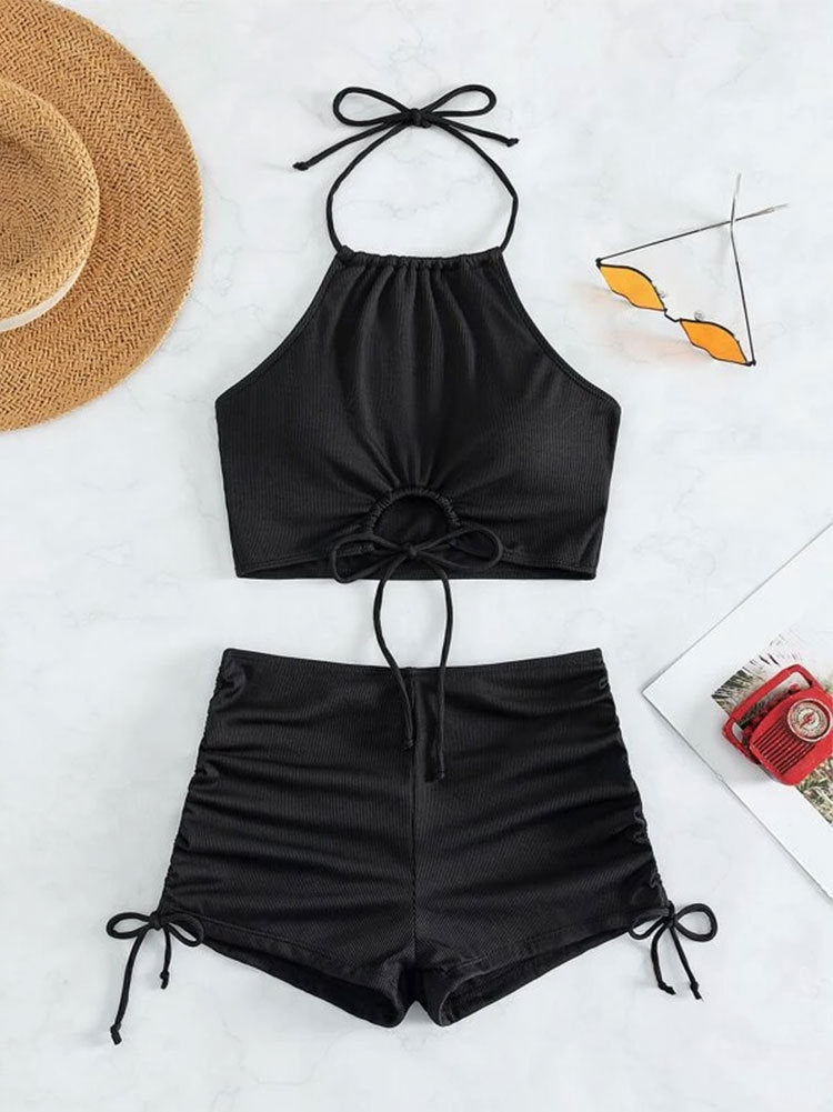 Women High Waisted Shorts Bikini Sets Tummy Control Swimsuit Two Piece Halter Drawstring Bathing Suit - Seldom Seen Styles