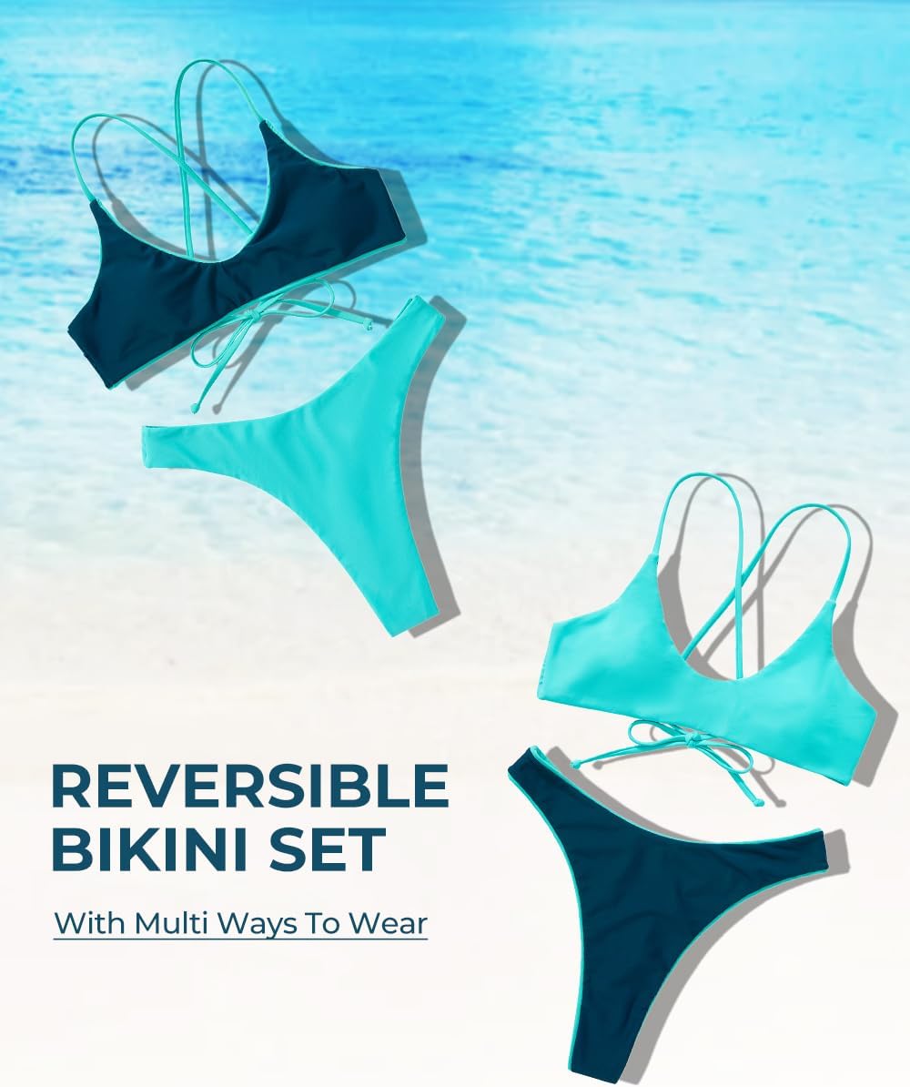 Women High Waisted Thong Bikini Set Reversible String 2 Piece Swimsuit - Seldom Seen Styles
