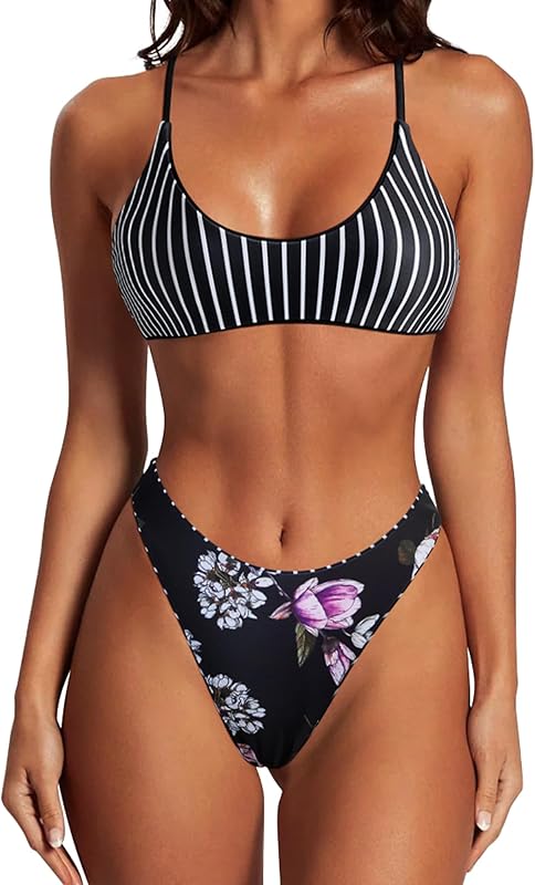 Women High Waisted Thong Bikini Set Reversible String 2 Piece Swimsuit - Seldom Seen Styles