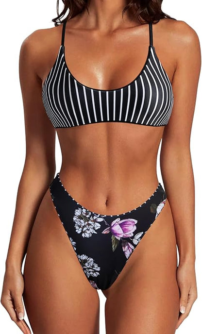 Women High Waisted Thong Bikini Set Reversible String 2 Piece Swimsuit - Seldom Seen Styles