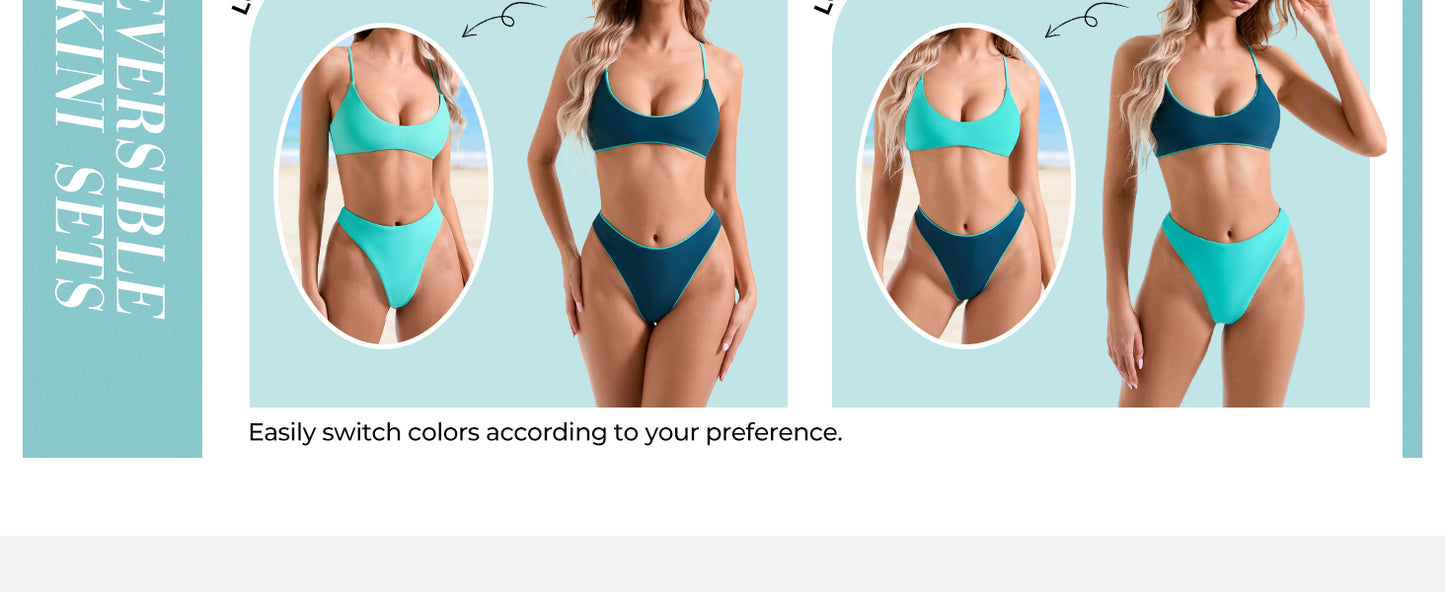 Women High Waisted Thong Bikini Set Reversible String 2 Piece Swimsuit - Seldom Seen Styles