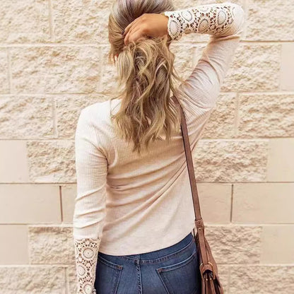 Women Long Sleeve Shirts Solid Button V Neck Lace Sleeves Slim Fit Casual Fall Shirts 2025 - Seldom Seen Styles