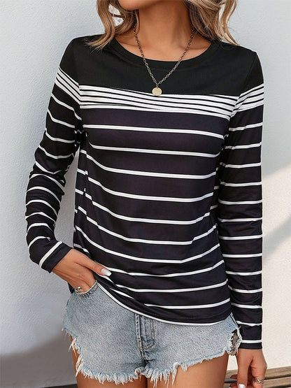 Women Long Sleeve Striped Sweatshirt Crew Neck Loose Casual Top Fall Tees Western Shirts for Women - Seldom Seen Styles