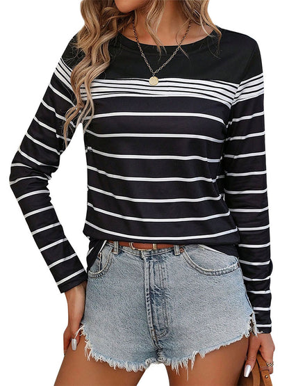 Women Long Sleeve Striped Sweatshirt Crew Neck Loose Casual Top Fall Tees Western Shirts for Women - Seldom Seen Styles