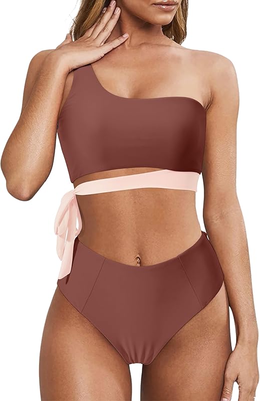 Women One Shoulder High Waisted Bikini Tie High Cut Two Piece Swimsuits - Seldom Seen Styles
